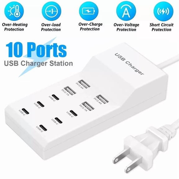 USB Charger Station 10-Port Multi-port Hub Wall Fast Charging Power Adapter NewUS