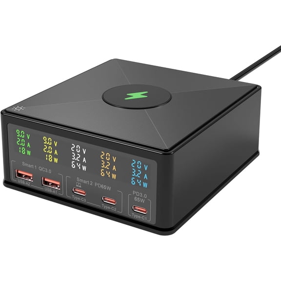 USB Charger Station Multi Port: Desktop 160W Power Fast Charging Hub Wall Block PD 3.0 5 Ports with Wireless Pad & Digital Display