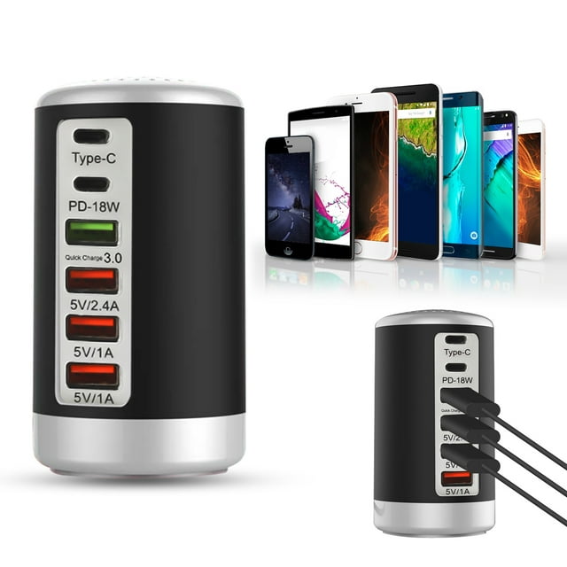 USB Charger, TSV 65W 6 Port Desktop USB Charging Station Hub Wall Charger (3 USB+Type C+QC3.0+PD 18W), Fast Charging Multi-Port Rapid Adapter Compatible with iPad, Smartphones, Tablets