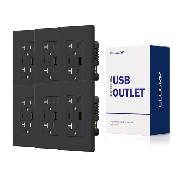 ELEGRP USB Outlet Receptacle, 21W 4.2A USB Electrical Outlet, USB C Wall Outlet, 20 Amp Duplex Tamper Resistant Outlet with Type A & Type C Ports, Wall Plate Included, UL Listed, Black