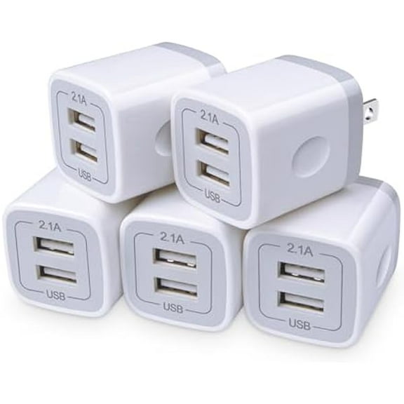 USB Charger Wall Plug, FiveBox 5Pack 2.1Amp Fast 2Ports USB Wall Charger Power Adapter Charging Block Base Charger Brick Charger Cube Charger Box for iPhone 16 15 14 13 12 11 Xs XR X 8 7, Android