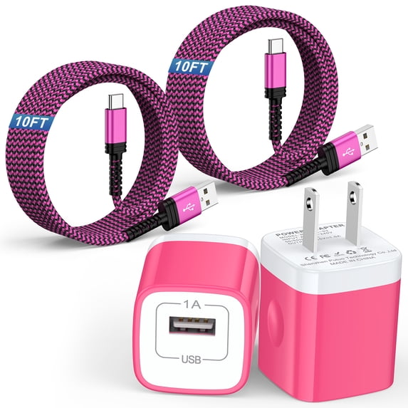 USB Charging Block, 2 Pack USB Wall Charger with 10FT Type C Charging Cable USB C Cable Phone Cables, Charger Block Phone Charger Android Charger, Fast Charging Type C Power Adapter USB Brick, Pink
