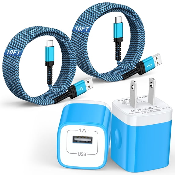 USB Charging Block, 2 Pack USB Wall Charger with 10FT Type C Charging Cable USB C Cable Phone Cables, Charger Block Phone Charger Android Charger, Fast Charging Type C Power Adapter USB Brick, Blue
