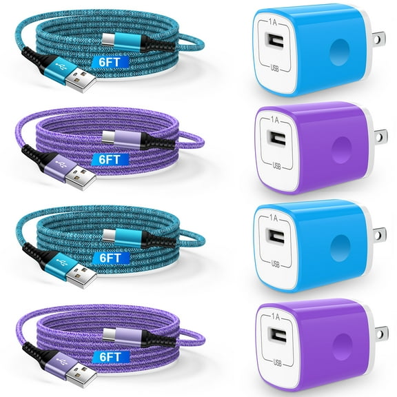 USB Charging Block,USB C Cable 6ft,ABCPOW 4pcs 1A USB Wall Charger Block Adapter Plug with 4pcs Type C Charging Cable 6ft USB C Charger Cable Type C Charger Block Android Charger Phone Cords Type C