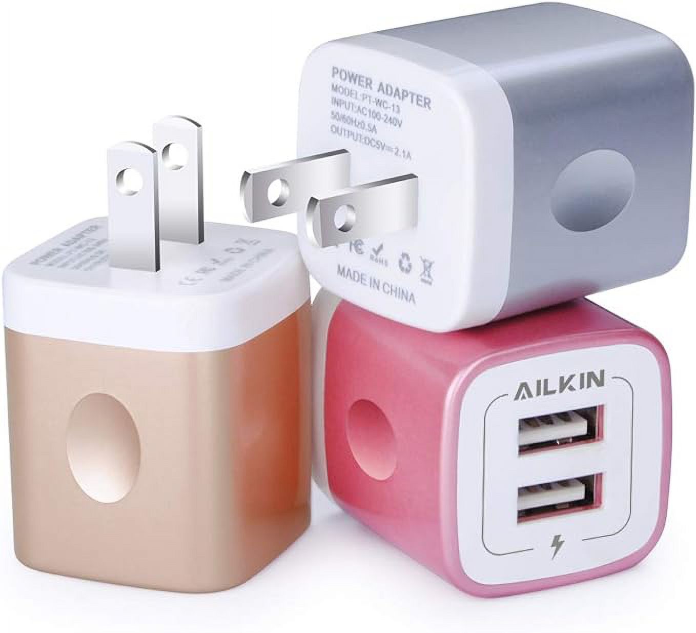 USB Charging Box, Phone Charger Adapter, AILKIN 3Pack 2.1Amp Dual Port Fast Charge Wall Charger