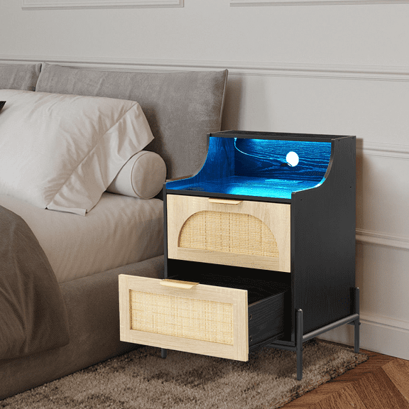 USB Charging End Table, 2-Drawer Rattan Nightstand with Charging Station, Adjustable Shelf, Small Space Bedside Table for Modern Bedroom, Black Oak