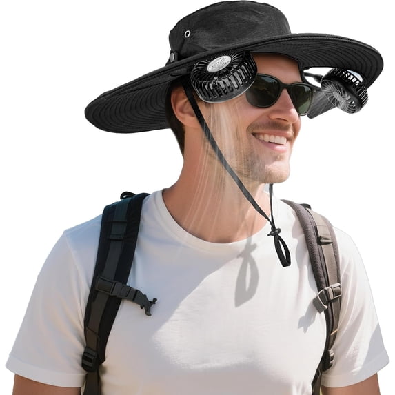 USB Charging Fan Hat,2-in-1 Hands-free Hat Fan with Detachable Neck, UPF 50+ Wide Brim Sun Hat,2600mAh Rechargeable Fishing Essentials for Camping Travel Delivery Outdoor-Black