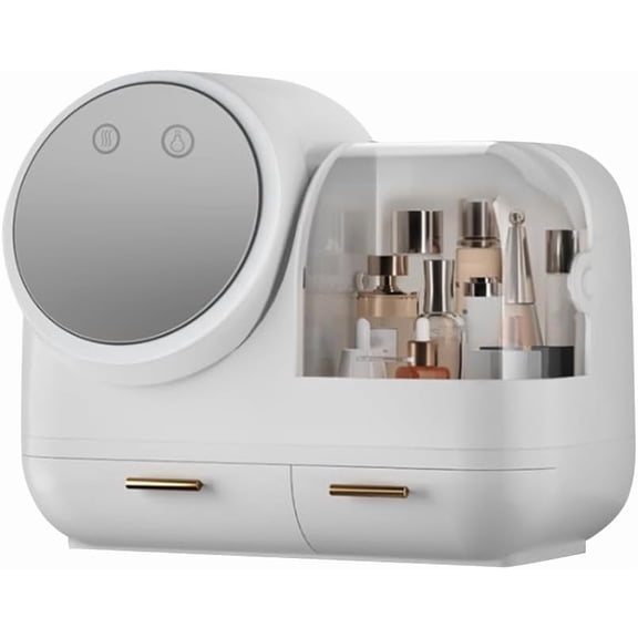 USB Charging Makeup Organizer with Built-in Fan Cosmetic Storage Box LED Lighted Mirror Dustproof Compartments Double Drawers for Dresser Bathroom Vanity, White