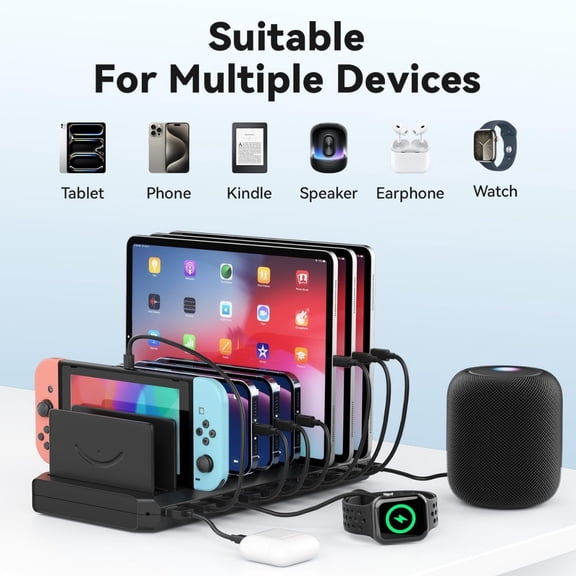 USB Charging Station 10 Ports USB A Fast Ports Multi Device Charger Organizer for iPad, iPhone, Tablet and Cell Phone,Black