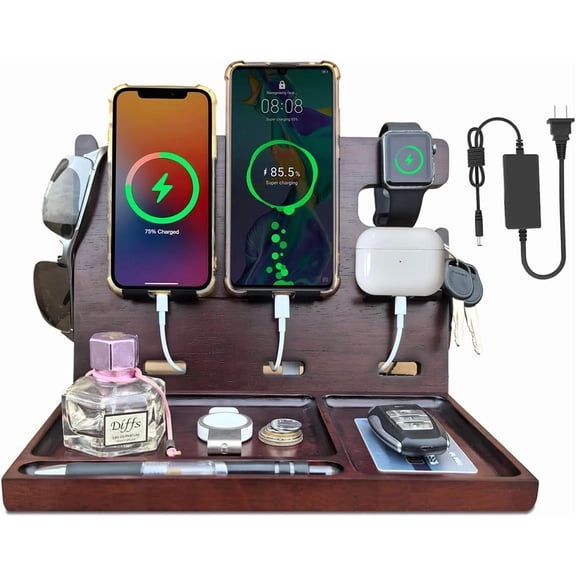 USB Charging Station for Multiple Devices Wood Phone Docking Station with QC3.0 & PD 22.5W Type c Charger Fast Charging for iPhone Samsung Google Andriod Smart Watch Earbuds Gifts for Men