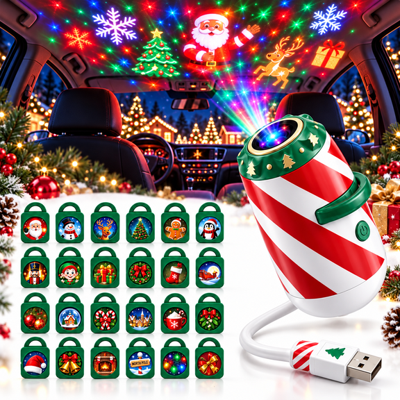USB Christmas Projection Light for Car, Holiday Image Projector with Changeable Santa Snowflake Reindeer Tree Patterns for Vehicle Window and Indoor Decor