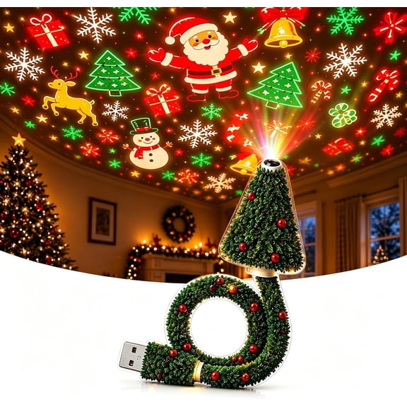 USB Christmas Projector Light, Flexible Christmas Tree Shape LED Projection Lamp with Festive Patterns, Plug and Play Holiday Projector Lights for Indoor Christmas Home Decor and Xmas Gift