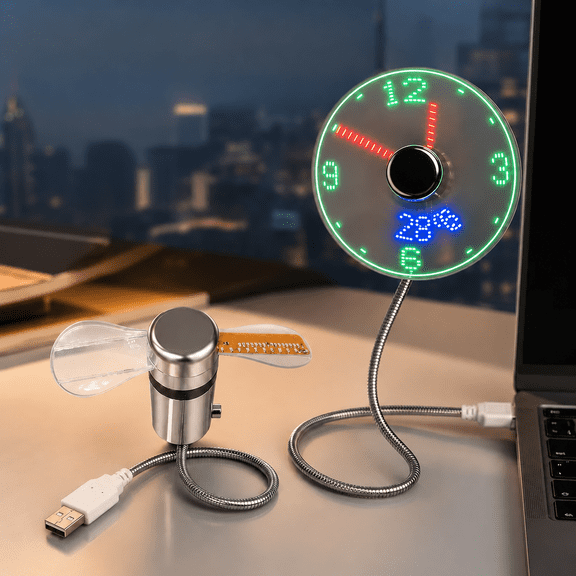 USB Clock Fan with Real Time LED Display, Portable Gooseneck Desktop Device Showing Current Time and Temperature, Mini Personal Cooling Tool for Laptop PC Office Desk