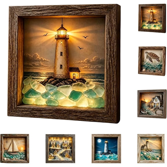 USB Coastal Lighthouse Sea Glass Shadow Box Night Light, Handmade Coastal Lighthouse Shadow Box with Warm LED Glow for Bedroom, Shelf, Entryway