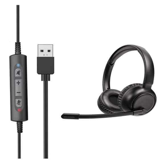 USB Computer Headset with Noise Cancelling Mic & PU Ear Cushions for Calls, Webinars, Compatibility