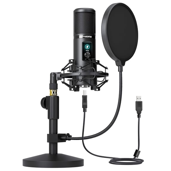 USB Computer Microphone with One-Touch Mute, Gain Knob, Shock Mount, Condenser Recording Mic for PC, Gaming, Streaming, Podcasts - AU-PM421T