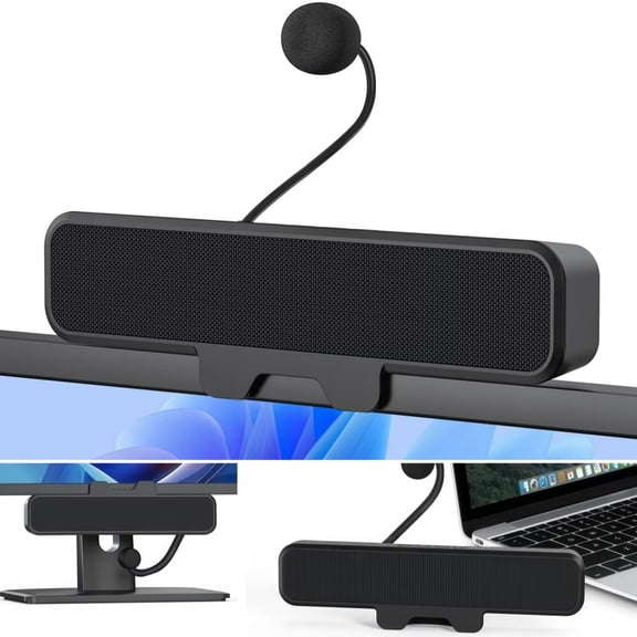 USB Computer Speakers with Detachable Microphone, Clip-On Monitor Sound Bar, 10W Stereo Bass PC Speaker with AEC Noise Cancelling Mic, One-Touch Mute for Desktop Laptop Meeting Gaming Online Classes