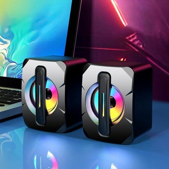 USB Computer Speakers with RGB Light — 3.6in x 2.7in x 2.3in, Wired 3.5mm Aux Audio & USB Powered, Stereo Sound for PC Laptop Desktop