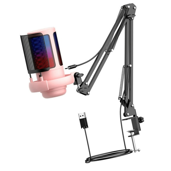 USB Condenser Mic Gaming Microphone 192kHz/24bit for Gamers Featuring Adjustable Boom Arm and Dynamic Lights