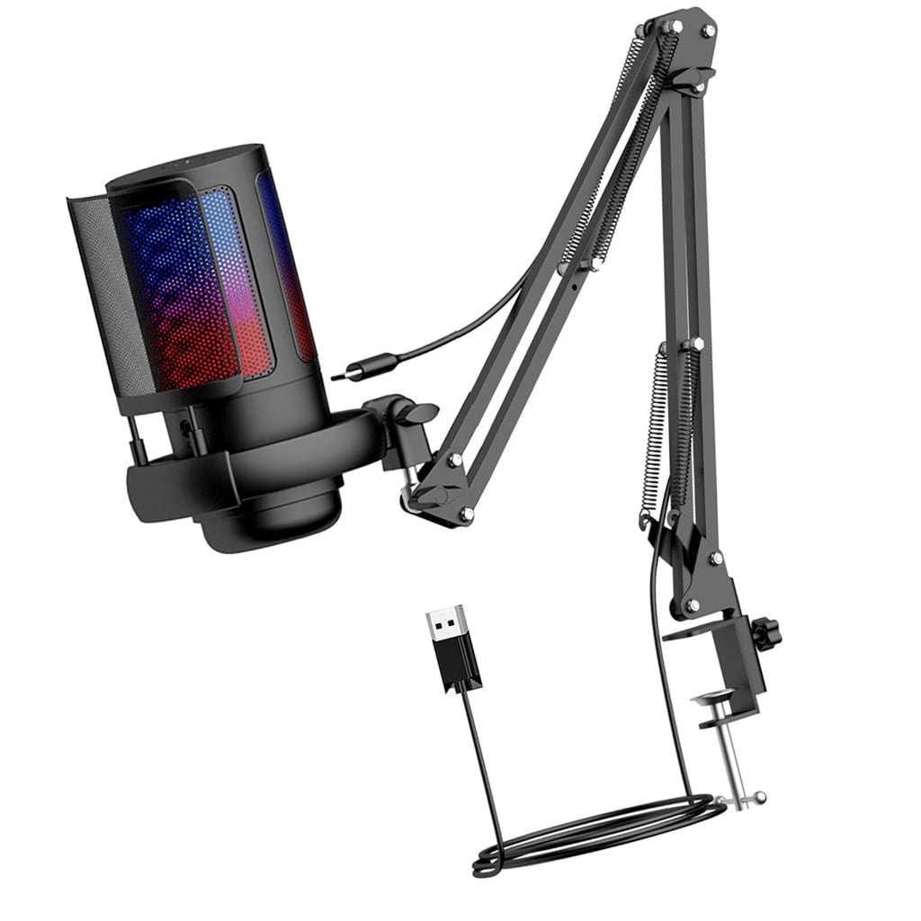 USB Condenser Mic Gaming Microphone 192kHz/24bit for Gamers Featuring Adjustable Boom Arm and Dynamic Lights