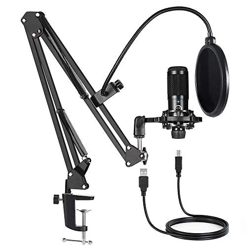 USB Condenser Microphone Bundle Kit,192KHZ/24BIT Professional Cardioid Computer Mic with Adjustable Scissor Arm Stand Shock Mount and Gain Knob for Recording,for Podcasting,Gaming,YouTube (Black)
