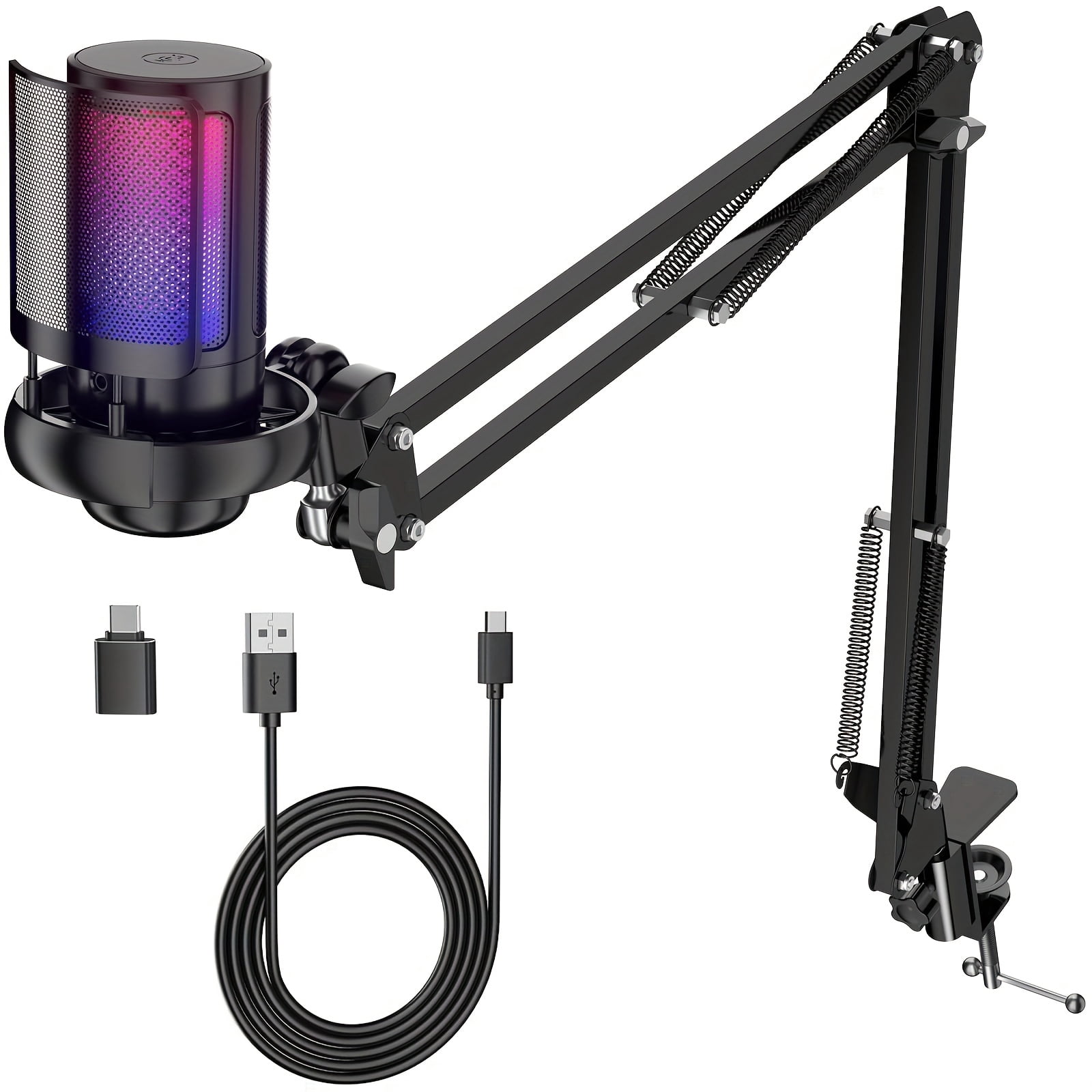 General  USB Microphone Suitable for Streaming, Podcast & Gaming - Pop Filter, Diaphragm Condenser Mic with Boom Arm, Volume/Gain Control & RGB - Compatible for PS4/, Mac, PC, Phone (PC Gaming Mic)