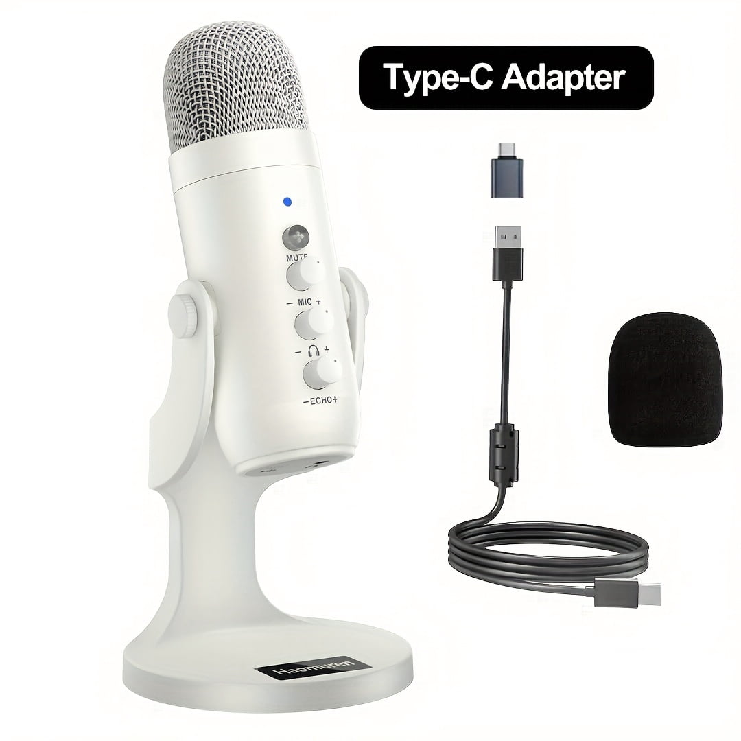 USB Condenser Microphone with Stand, Plug&Play PC Gaming Mic for PS4/5, Noise Cancelling, Echo Removal, Live Monitoring, Streaming, Podcast, Recording