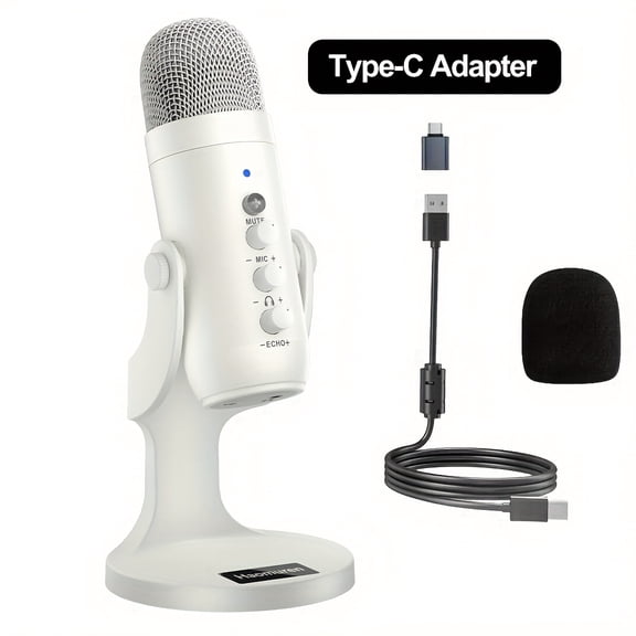 USB Condenser Microphone with Stand, Plug&Play PC Gaming Mic for PS4/5, Noise Cancelling, Echo Removal, Live Monitoring, Streaming, Podcast, Recording