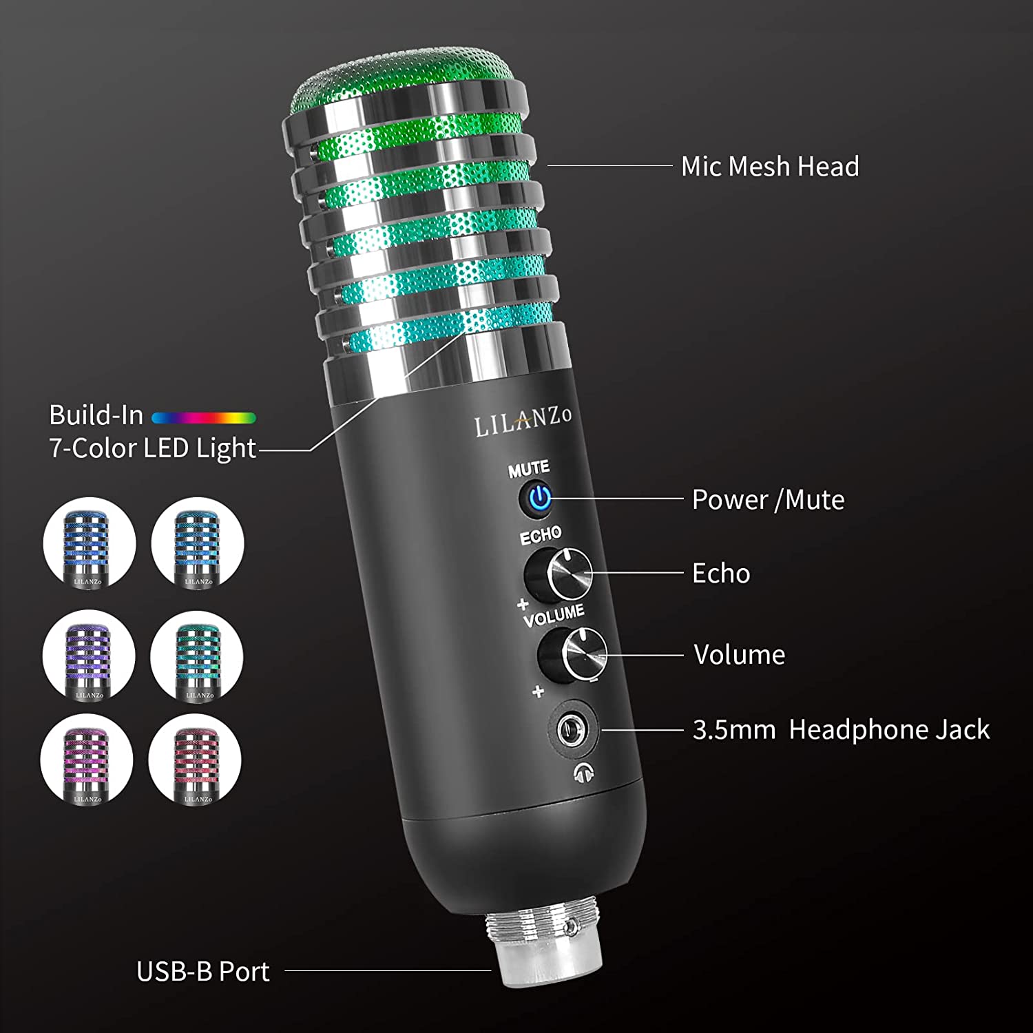 USB Condenser Microphone with  Arm Stand for PC PS4 PS5 Streaming Gaming Podcasting RGB LED Lights
