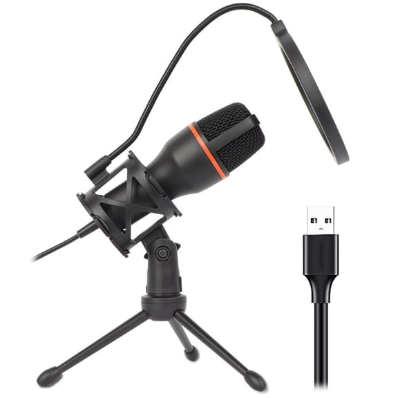 USB Condenser Microphone with Tripod Stand Holder LED Lights for Professional Gaming Karaoke and Music Recording