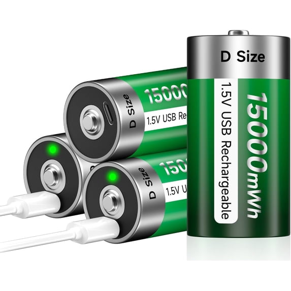 USB D Rechargeable Battery Lithium 1.5V Constant Output 15000mWh Li-ion, Cell Batteries with Type-C Charging Cable,4 Pack Size