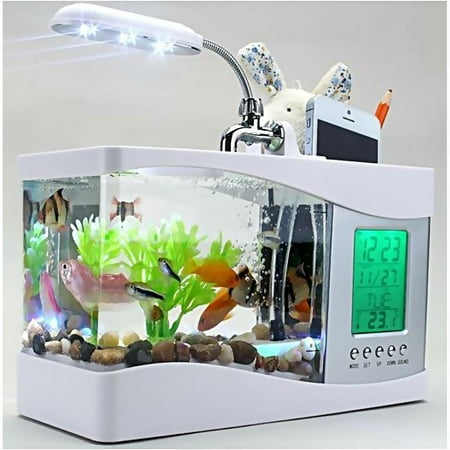 USB Desktop Aquarium Fish Tank W/ LCD Clock LED Light Holds White
