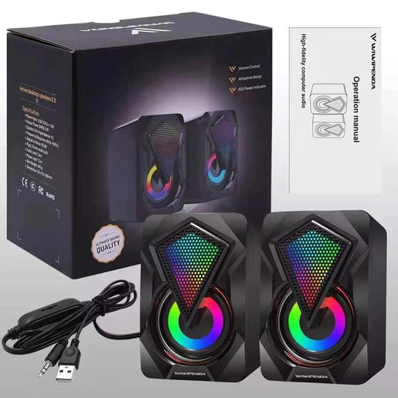 USB Desktop Mini Speaker Pair,3.5mm AUX 2.0 Wired Control,RGB LED Lights,3W×2 HiFi Stereo,150Hz-20KHz,ABS,1.3m Cable,for PC Laptop Phone