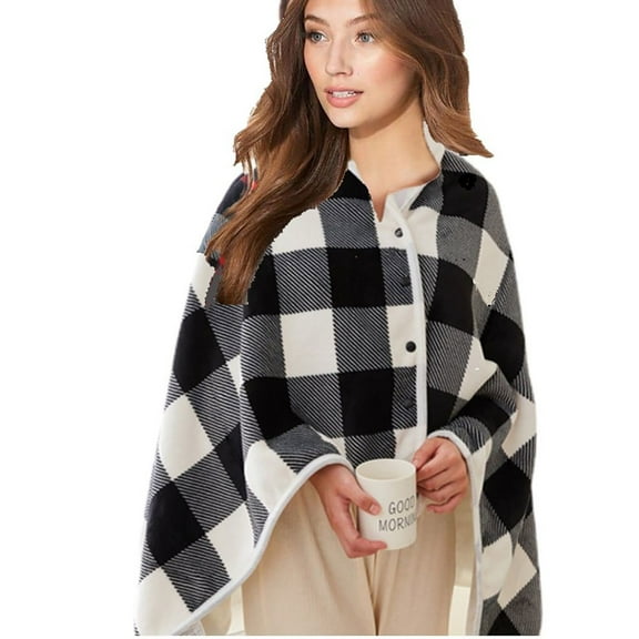 USB Electric Heated Blanke Throw, Fleece Wearable Blanket, Plaid Lap Blanket Comfy Poncho Throw with Buttons for Bed Sofa Office, Black-White