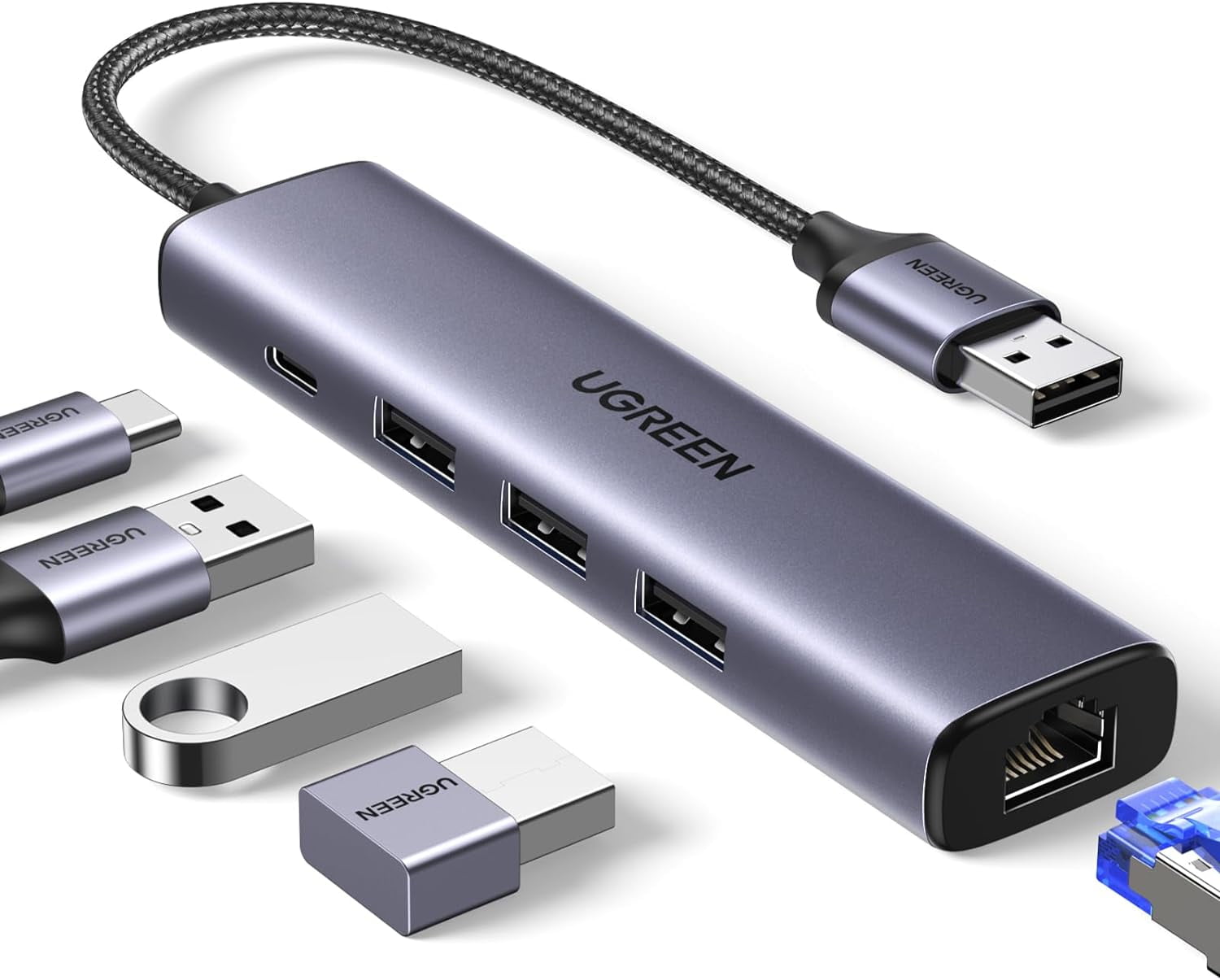 USB to Ethernet Adapter, 5 in 1 Hub with Ethernet, Plug and Play, Multiport Network Adapter 3 3.0 Port, Gigabit RJ45, USB-C Power Port Compatible for Laptop MacBook XPS Windows 11