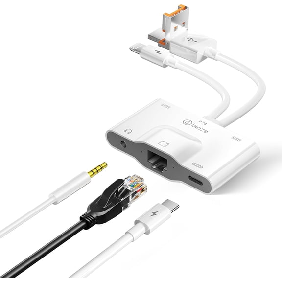 USB to Ethernet Adapter, 5 in 1 RJ45 Ethernet LAN Network Adapter with 3.5mm audio Port, USB C Port and USB Port Compatible with iPhone 16/15, Laptop, MacBook, PC with Windows (RJ45 5-in-1 USB hub)