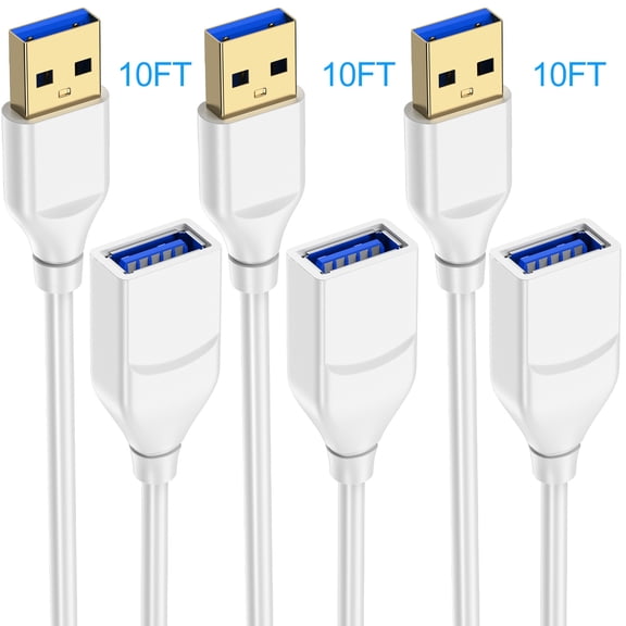USB Extension Cable 10ft,3Pack USB Extender Cord 10FT USB 3.0 Extension Cable USB to USB Cable Male to Female 3A Fast Charging Data Transfer Type A to Type A Cord for Webcam,USB Keyboard,Printer