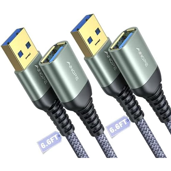 USB Extension Cable 2Pack 6.6FT USB 3.0 Extender Male to Female Grey | 5Gbps High Data Transfer Cord for Printer Webcam Flash Drive Hard Drive Hub Keyboard Mouse Camera Playstation Xbox and More