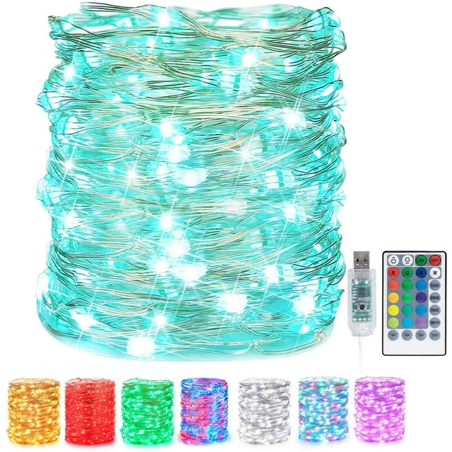 USB Fairy String Lights - 33Ft 100 LED Waterproof, 16 Colors Changing Sliver Wire Lights with 8 Lighting Modes Remote Control - Craft Bedroom Ceiling Halloween Christmas Decoration