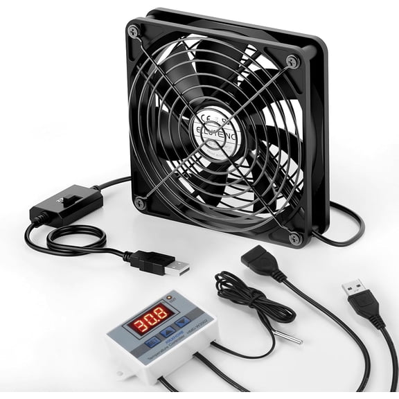 USB Fan 120mm with Digital Temperature Controller, 5V USB Powered PC Computer Fan 1500RPM 3 Adjustable Speeds Electronic Cooling Lufter with Metal Grill for Laptop/TV Box/AV Cabinet/PS5/Router