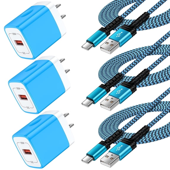 USB Fast Charger Block, 3PACK QC 18W Charging Block with 10FT USB C Cable Type C Cable Cord USB A to Usb C Cable, USB Wall Charger Plug Type C Charger Quick Android Charger USB Plug Adapter[Blue]