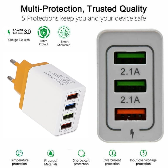 USB Fast Charger Block,European Travel Plug Adapter,4-Port USB C Wall Charger Plug Type C Fast Charging Block International Power Adaptor US to Europe EU for Most Mobile Phones(E)