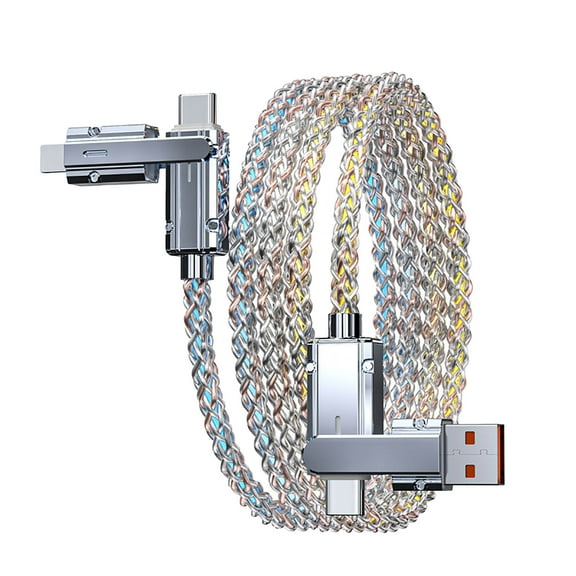 USB Fast Charging Cable, Four In One 100W Colorful Lights Data Cable,LED Display, Braided Nylon, Triple Interface Compatible