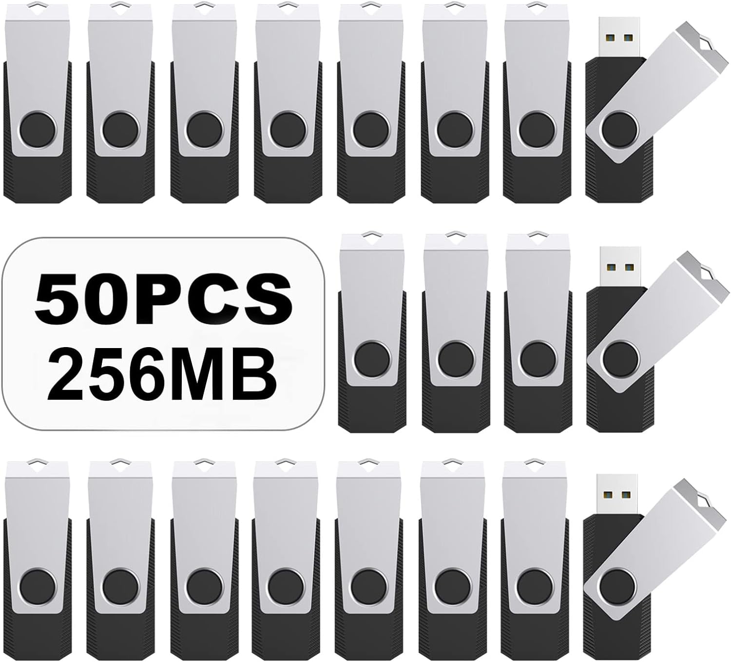USB Flash Drive 50 Pack 256MB USB 2.0 Flash Drives Memory Stick USB Drive Thumb Drives USB Stick Swivel Bulk USB Thumb Drive, Black (256MB 50PCS, Black)