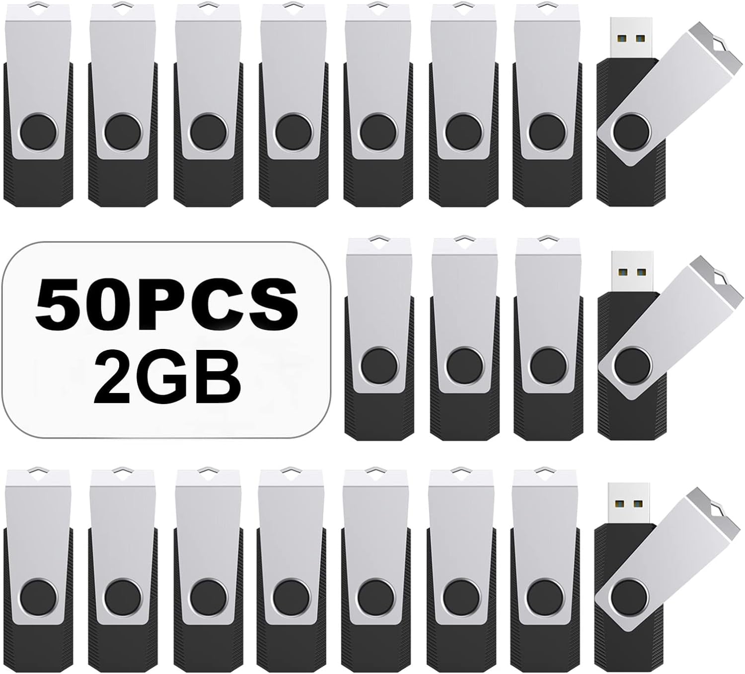 USB Flash Drive 50PCS 2GB Bulk USB 2.0 Flash Drive Memory Stick USB Drive Thumb Drives USB Stick Swivel Memory Stick Thumb Drives Pen Drive (2GB, 50 Pack, Black)