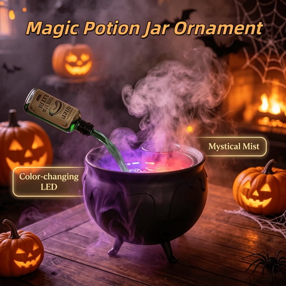 USB Floating Magic Potion Witch Cauldron Ornament, Color Changing LED Mist Maker, Aroma Diffuser Humidifier, Smoking Cauldron Tabletop Decor, Halloween Christmas Party & Holiday Gift