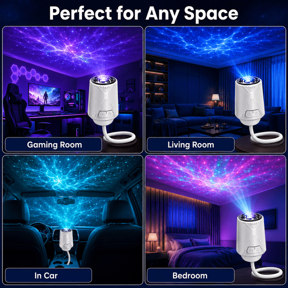 USB Galaxy Projector Night Light, 8 Lighting Modes Star Projector with 360 Flexible Gooseneck and Adjustable Head, Plug-and-Play Ambient Light for Bedroom, Gaming Room and Car Interior, White