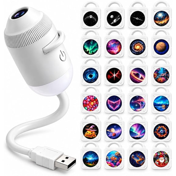 USB Galaxy Projector with 24 Slides and Warm Night Light, White