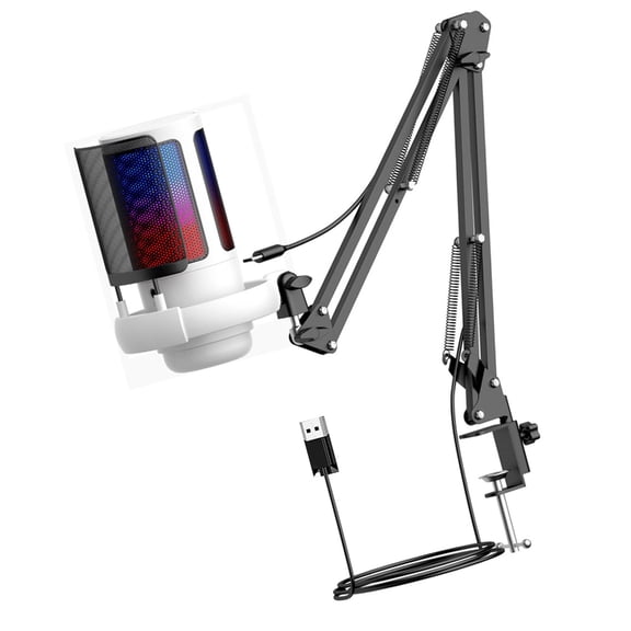 USB Gaming Mic Condenser Microphone LED Cool Lighing Feature for with Flexible Arm and Real Time Sound