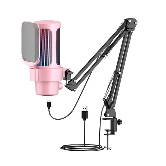 USB Gaming Microphone Computer Mic Kit RGB Lighting Cardioid Mode Pick-up Quick Mute and Gain Knob with Boom Rack for Gaming/Meeting/Live Streaming/Audio Recording